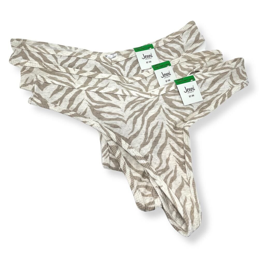 Jenni NEW Women's 3 Piece Fashion Panty Thong Panties White Brown Size L Tiger